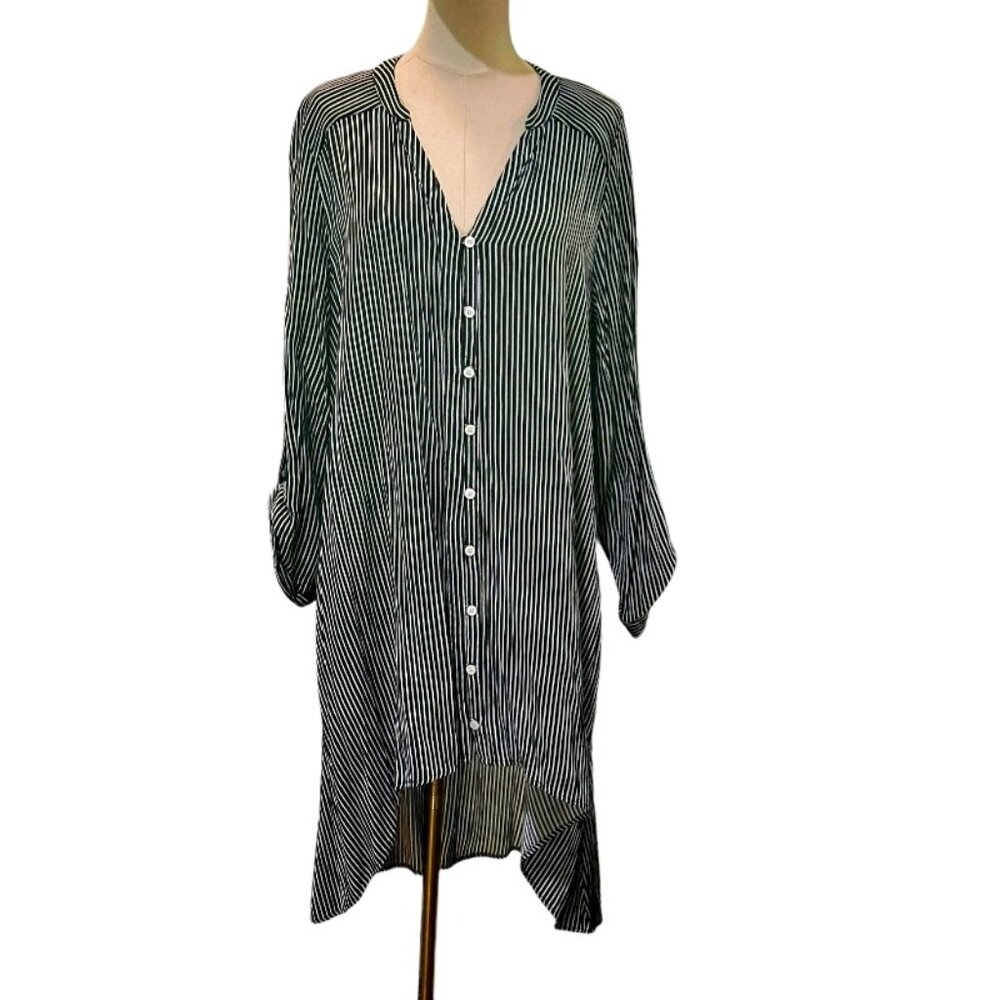 JODIFL Railroad Striped Tunic Navy or Black & White Size M Roll Tab Lagenlook
